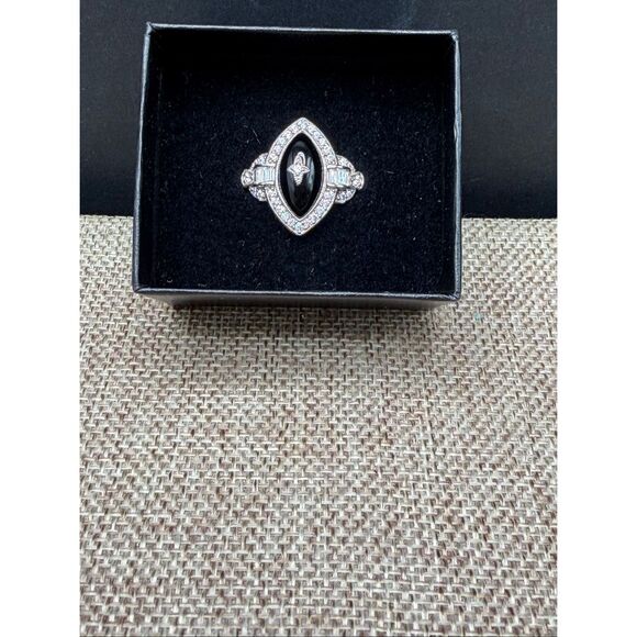 Black Onyx-Style Marquise CZ Halo Ring Sterling Silver Plated Size 6 - Picture 11 of 11